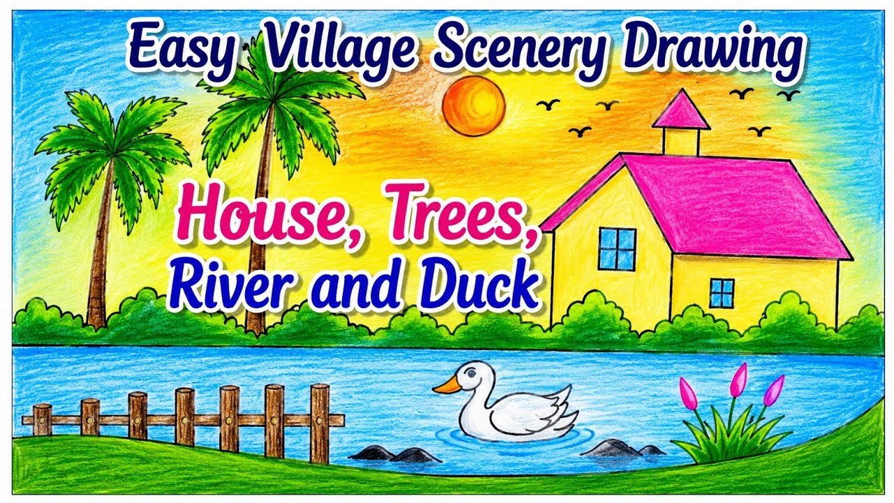 Easy Village Scenery Drawing | House, Trees, River and Duck | Beautiful Nature landscape Drawing