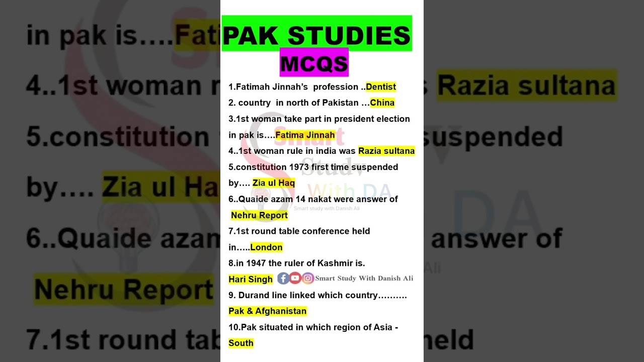 pak studies mcqs Pak Study notes #css #pakstudynotes