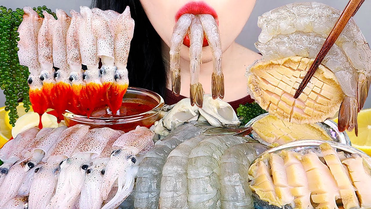 ASMR RAW SEAFOOD MUKBANG 꼴뚜기회, 새우회, 생굴, 전복회, 바다포도 먹방 OYSTER, BABY SQUID, SHRIMP, SEA GRAPES, ABALONE