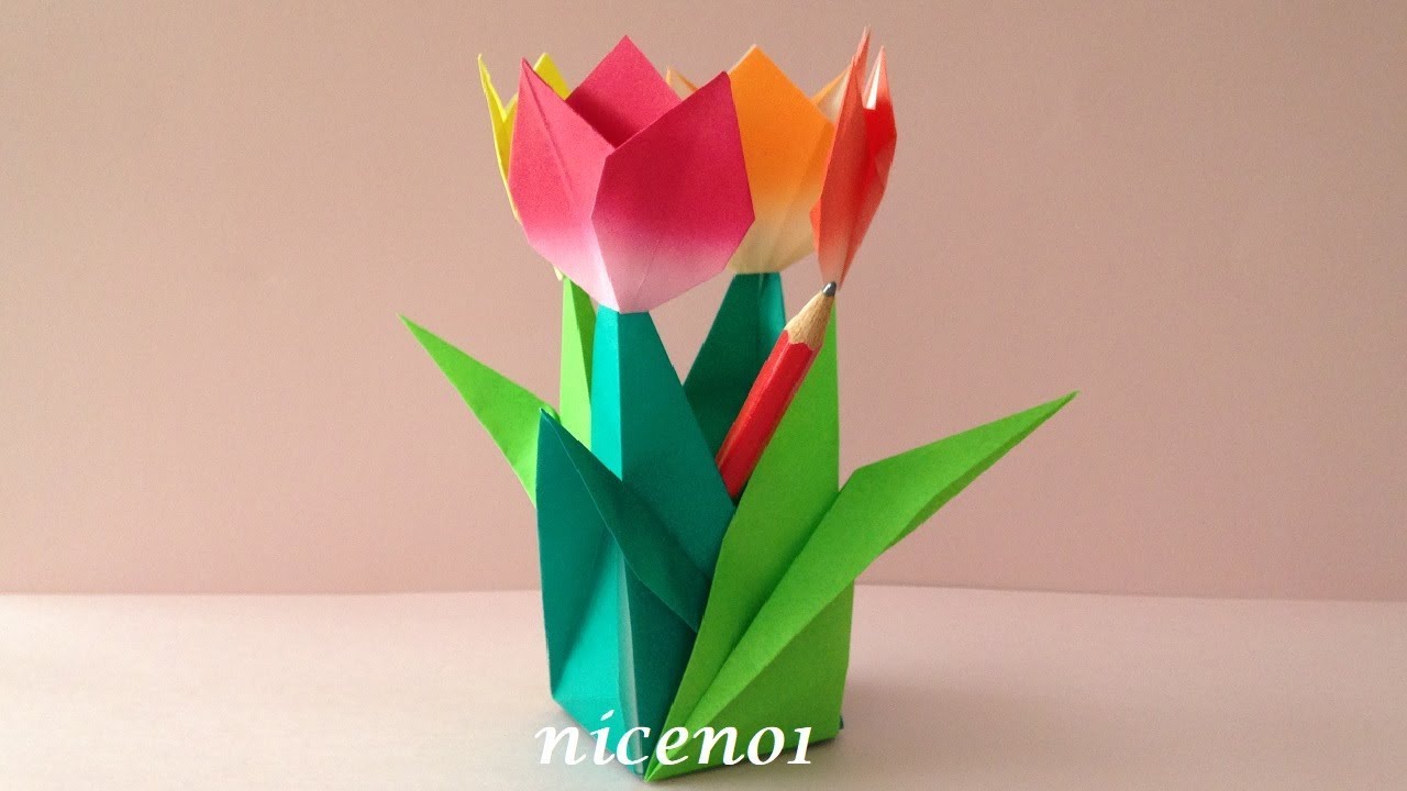折り紙　チューリップの鉛筆立て 折り方 2　Origami flower Tulip pen stand tutorial（niceno1）