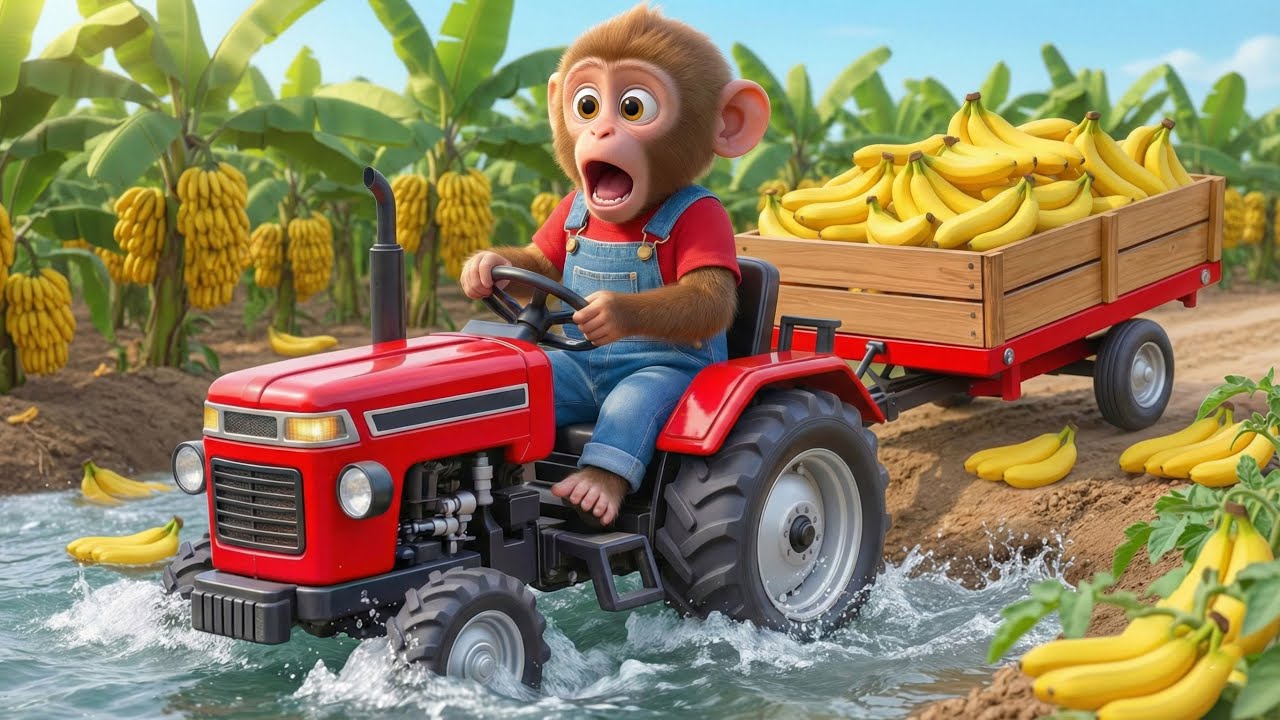 Monkey Bibi’s Banana Harvest Goes WRONG! Tractor Stuck in Water 🍌🚜 | Shocking Ending