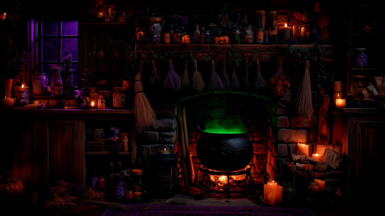 Witch&rsquo;s Fireplace Cauldron | Spooky Halloween Ambience with Thunderstorm & Crackling Fire