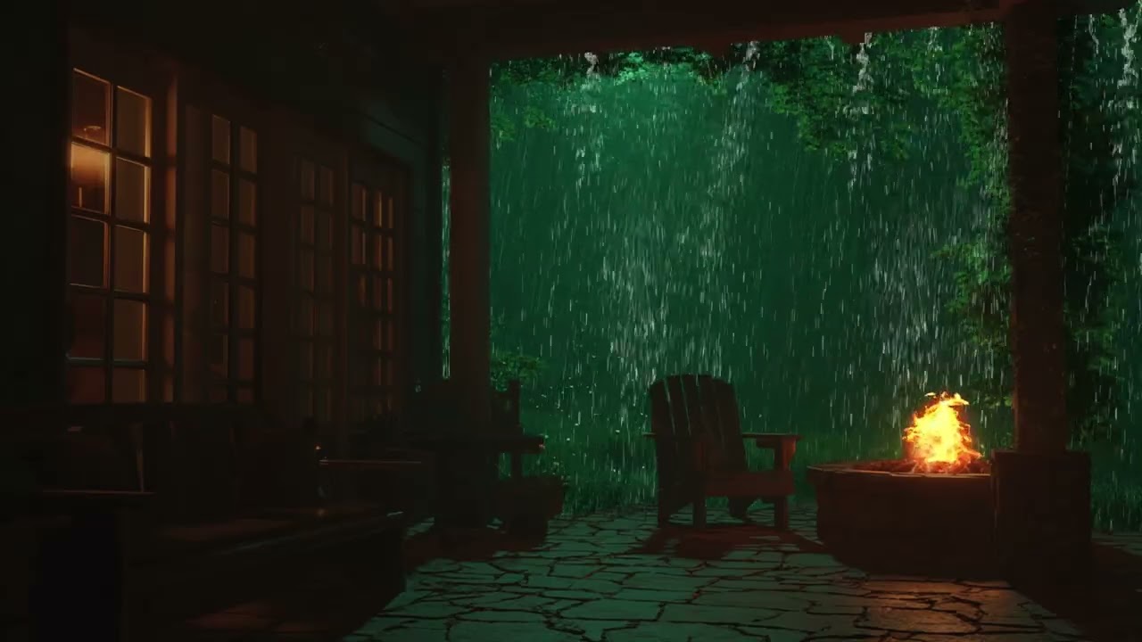 Heavy Rain and Fireplace Ambience for Cozy, Peaceful Relaxation