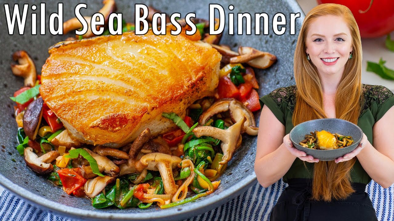 Quick & Easy Wild Sea Bass Dinner Recipe | with mushroom, spinach, garlic and tomato medley!