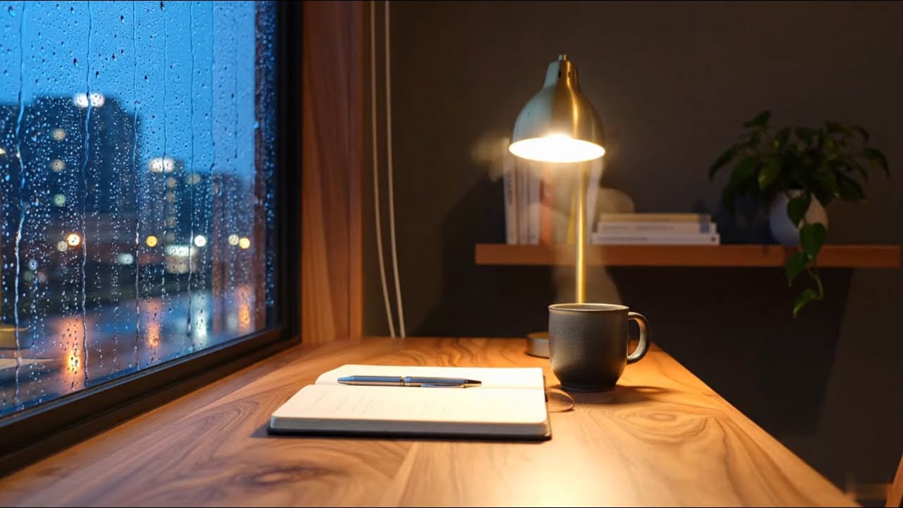 Cozy Rainy Night Desk ☕ | Warm Light, City Rain & Deep Focus Ambience