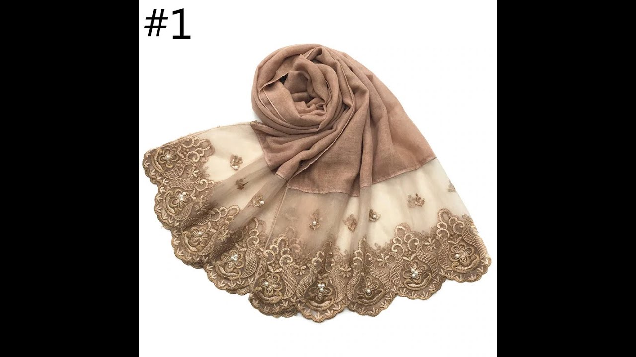 1pc two sides lace edges muslim cotton scarf plain hijab with pearl embroidery soft shawl veil
