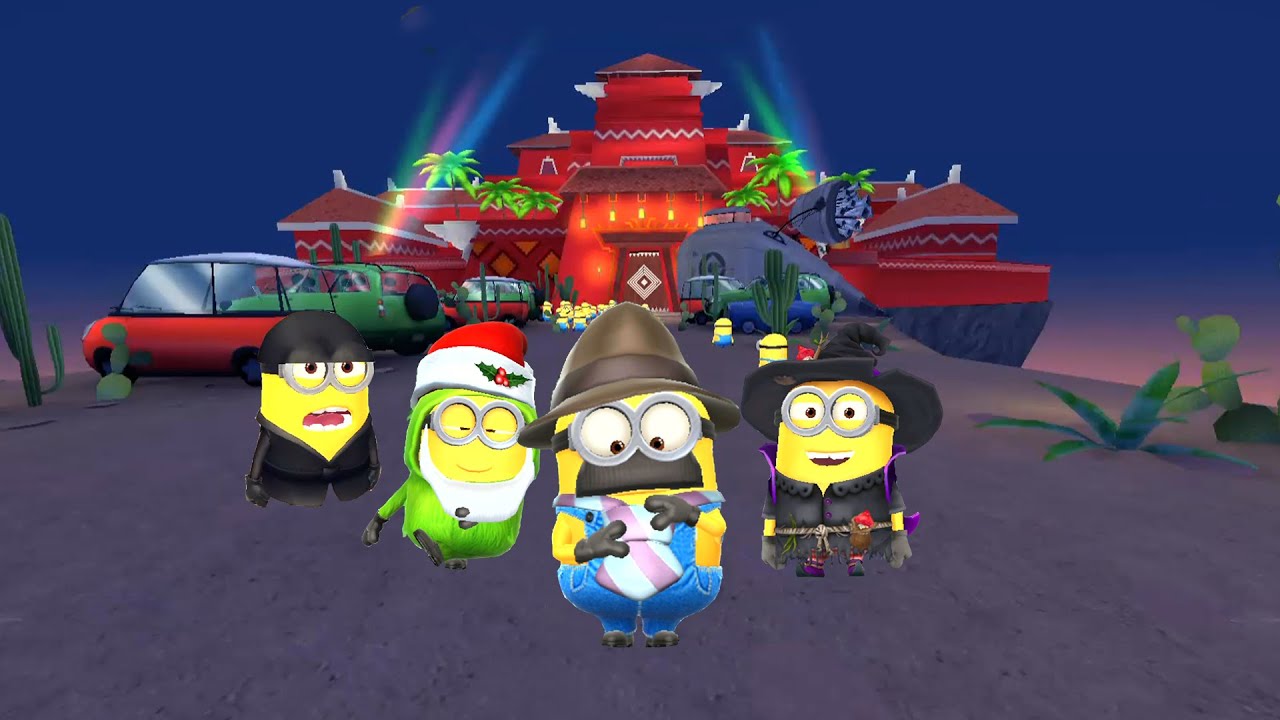 Witch minion Dad minion Green minion and Ninja minion on a Special mission at Giant Pinata