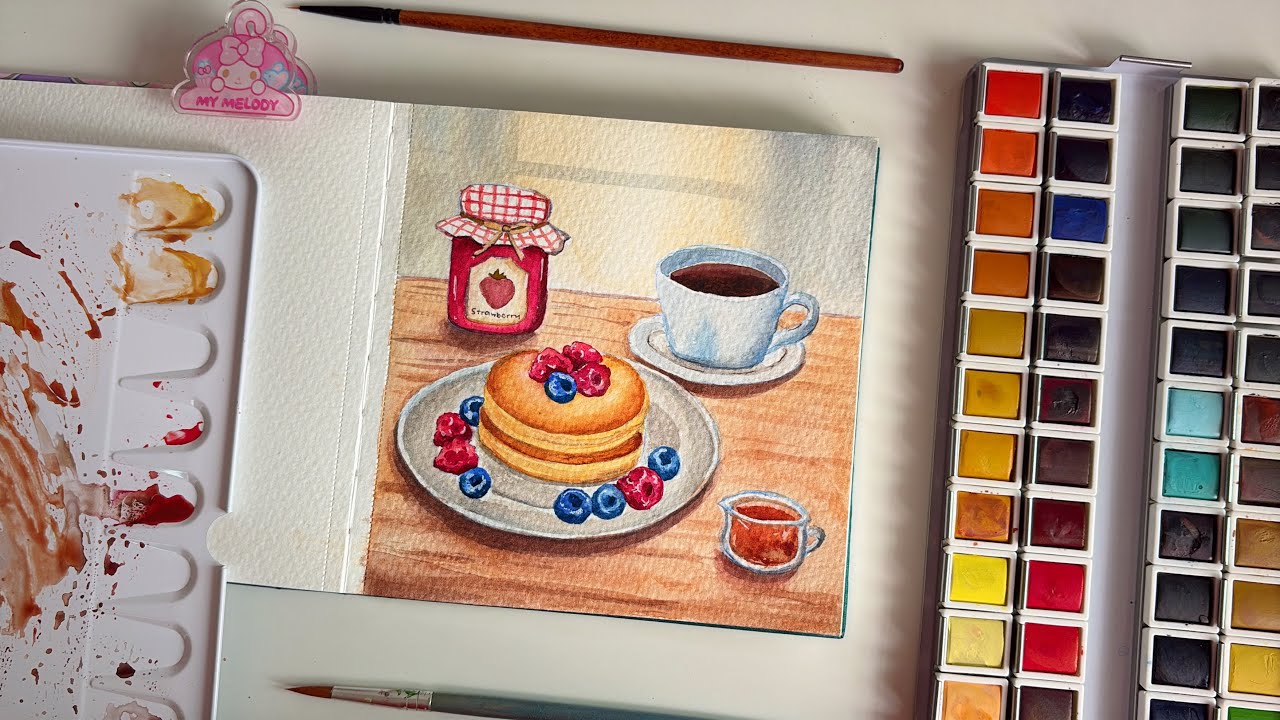 🍓 Рисуем вместе 🎨 Обзор акварельного скетчбука Arrtx 🥞 Иллюстрация еды для завтрака ☕️