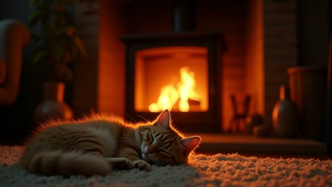 10 heures - Ambiance - Feu de chemin&eacute;e avec un chat qui dort : &Eacute;tudier, Dormir, Se D&eacute;tendre