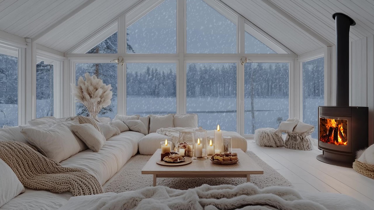 ❄️🎶 Warm Winter Piano Lounge Comfort | Snow Outside, Fire Warmth & Flowers | Calm Focus Sleep