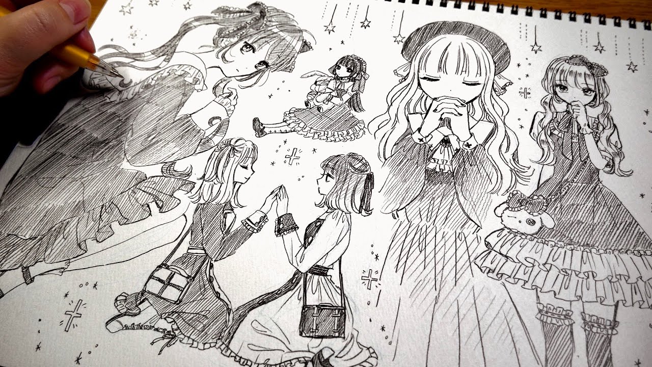 【アナログ】ゴスロリ服な女の子１ページいっぱいに描いてみた【プロ漫画家】gothic lolita fashion girl illustration speed making
