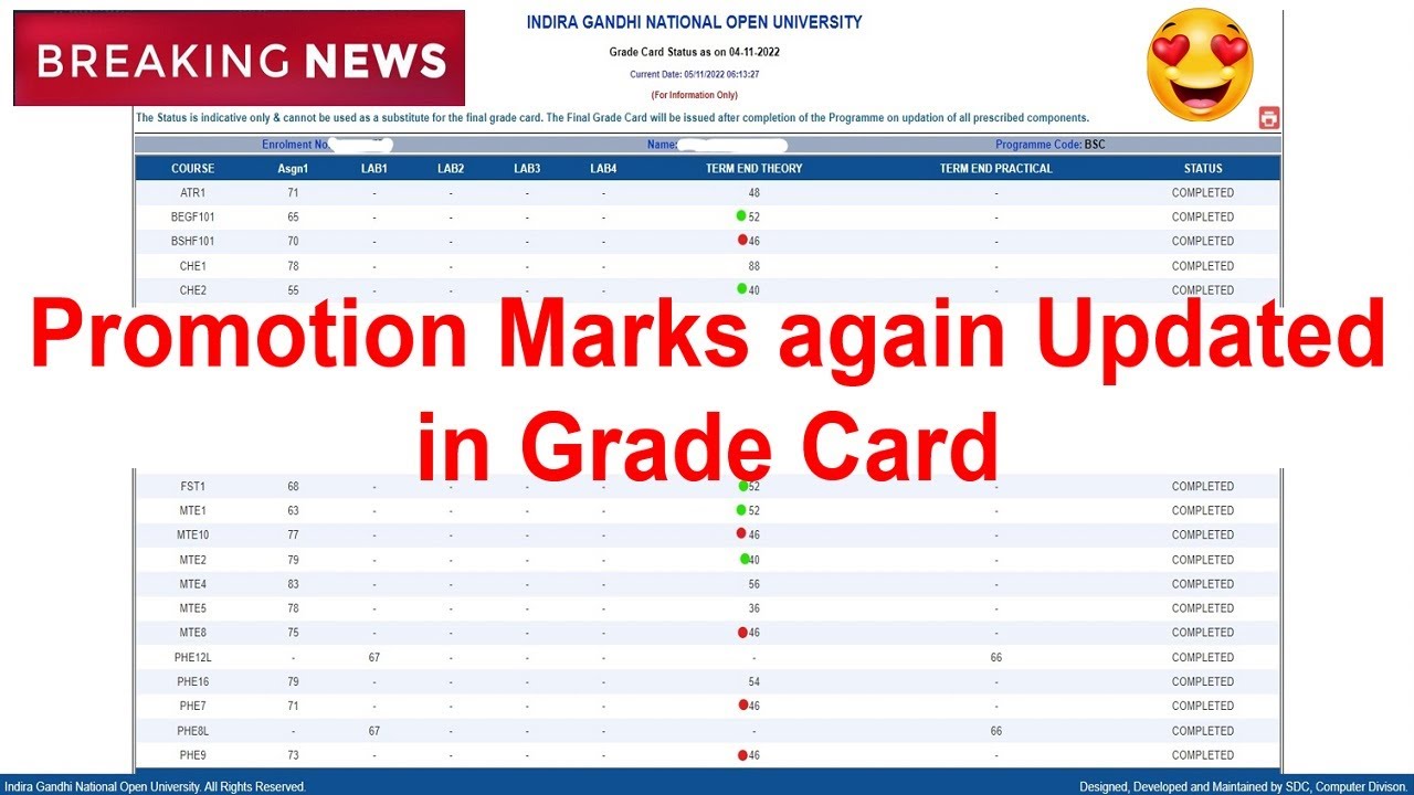 {Breaking News} IGNOU Promotion Marks Again Updated in Grade Card on 4th Nov | Check  Grade Card Now