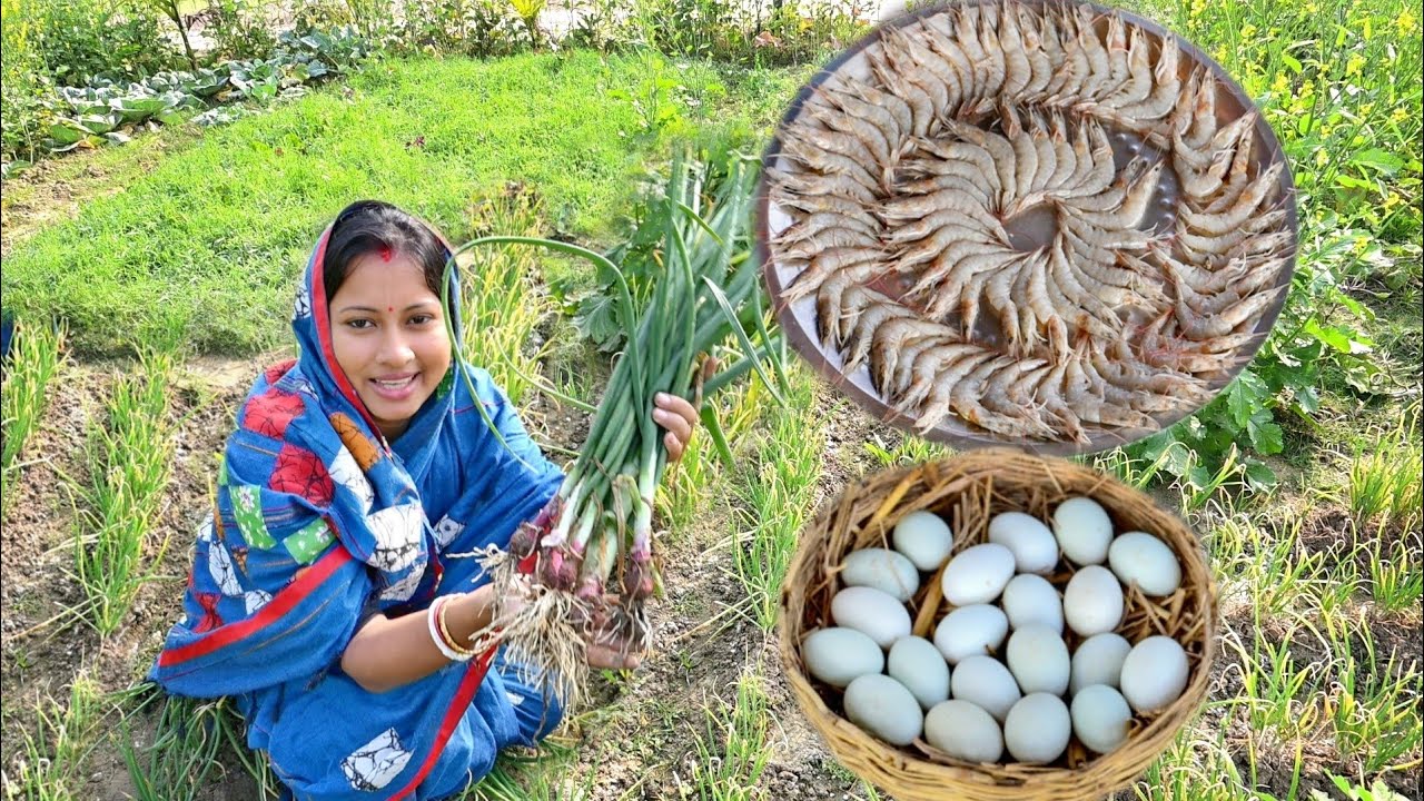 আজ বাগানের পিঁয়াজ পাতা দিয়ে হাঁসের ডিম রান্না করলাম সাথে শীলে বাটা চিংড়ি মাছের রেসিপি ||egg curry
