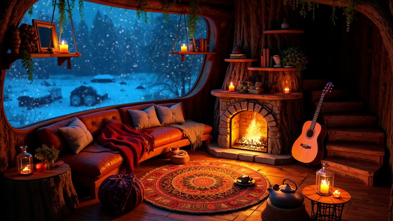 Curved Window Winter Cabin with Fireplace and Guitar | Peaceful Snowy Night Ambience for Sleep