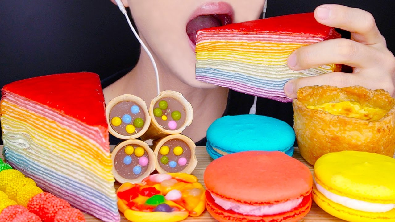 ASMR RAINBOW CREPE CAKE MACARONS MUKBANG 무지개 크레이프 케이크 타르트 먹방 ケーク Bánh kem EATING SOUNDS NO TALKING