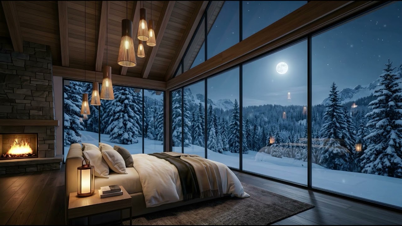 8 Hours  Snowy Forest Window Sleep – Warm Lantern Cabin and Silent Winter Trees