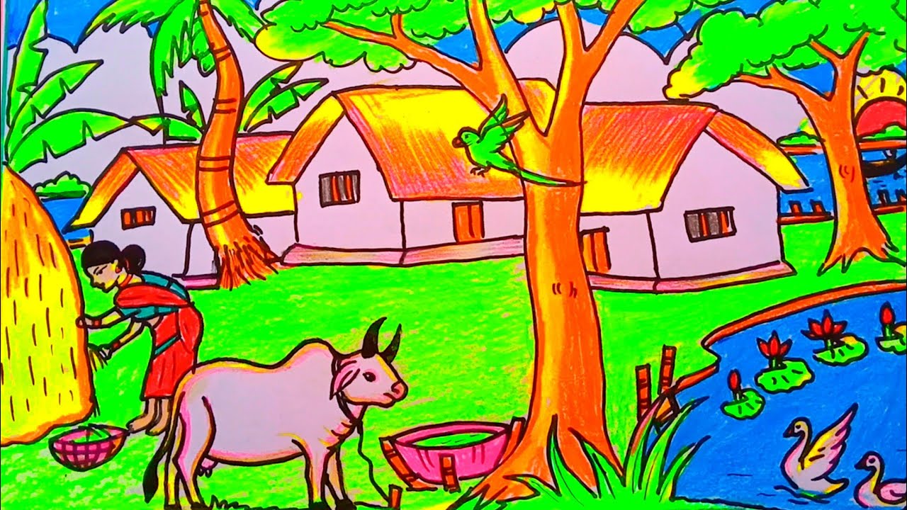 How to draw beautiful village 🎄😍Easy drawing step by step😍গ্রামিন দৃশ‍্য আঁকা 😍