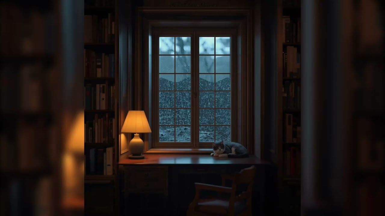Library Window Ambience on Rainy Night with Sleeping Cat 🐈 Peaceful Study (3 HOURS)