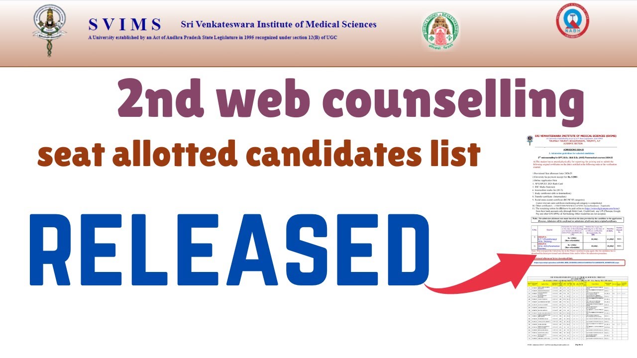 SVIMS 2nd web counselling seat allotted candidates list released #svims #bscnursing  #bpt #andhra