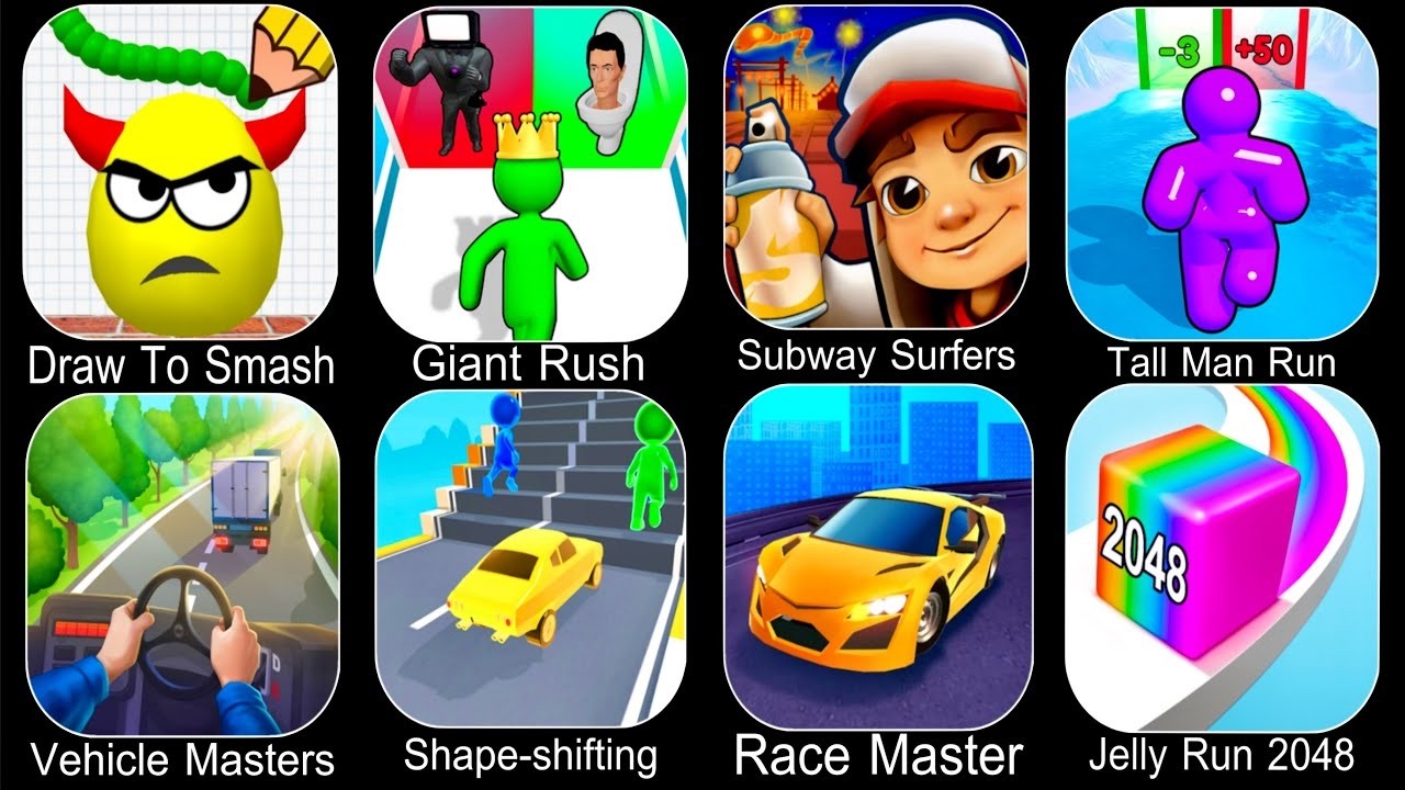 Draw To Smash, Shape-shifting, Jelly Run 2048, Race Master, Subway Surfers, Vehicle Masters