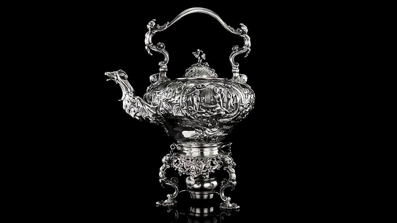 ANTIQUE 18thC GEORGIAN CHINOISERIE SOLID SILVER TEA KETTLE, PAUL STORR c 1829