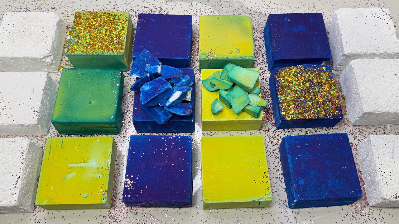 Blue Green and Yellow dyed gym chalk blocks Fresh Blocks | Oddly Satisfying | Chalk ASMR 🙂