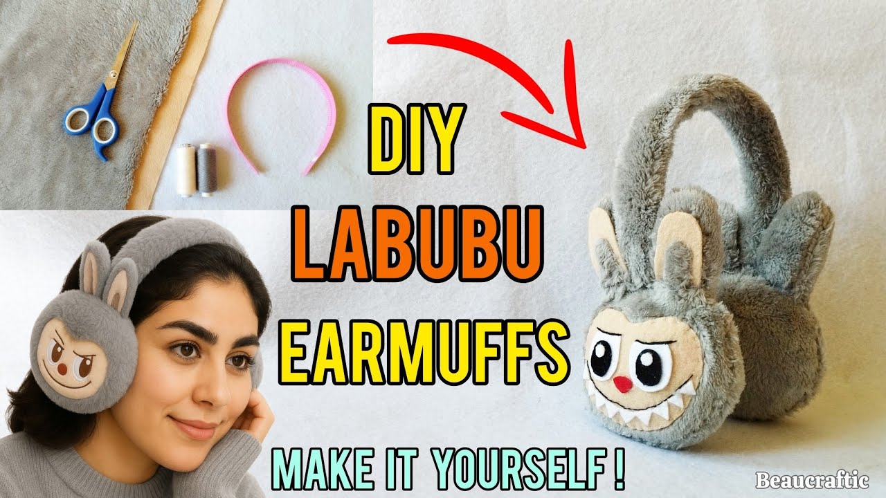 DIY Labubu Earmuffs, step by step tutorial Earmuffs, cute craft for kids, آموزش کامل گوشگیر لبوبو 