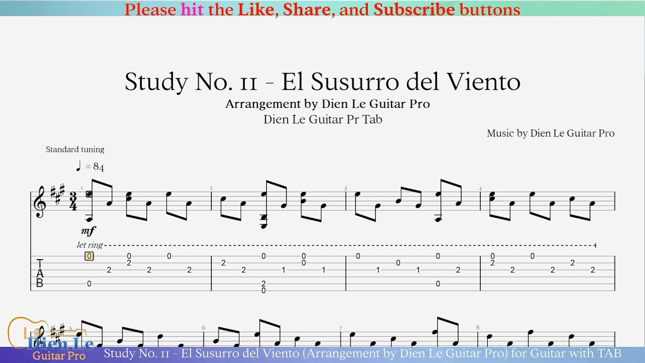Study No. 11 - El Susurro del Viento (Arrangement by Dien Le Guitar Pro) for Guitar with TAB