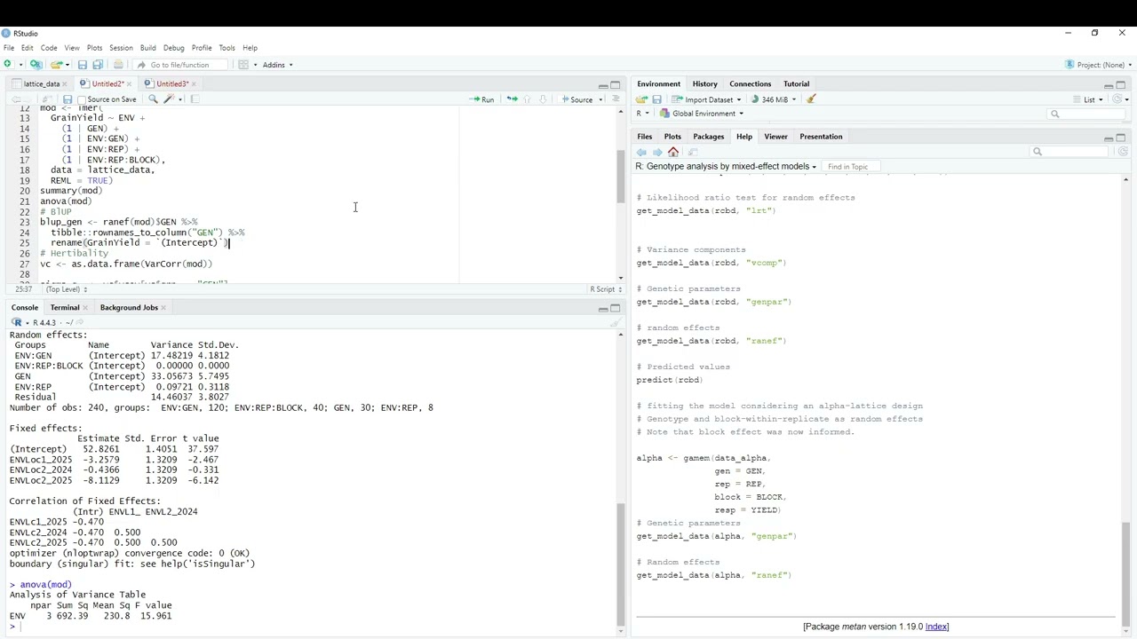 Расчет наследуемости и BLUP α-решетки-MET в пакете R-lme4