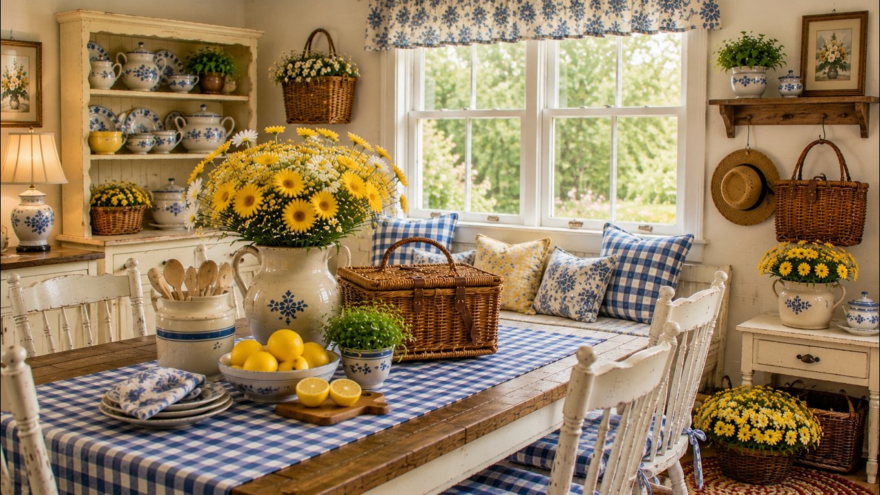 🌿 Gingham & Stoneware Decorating Ideas for a Vintage American Cottage Picnic Room