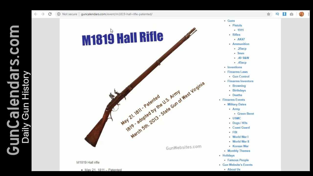 M1819 Hall rifle &ndash; Patented - John Pedersen - Titan II Missile Museum - GunCalendars.com May 21st