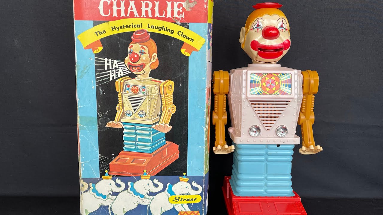 Chuckling Charlie - The Hysterical Laughing Clown, Japan Battery Op. Tin Toy, S-H Co., 1960s