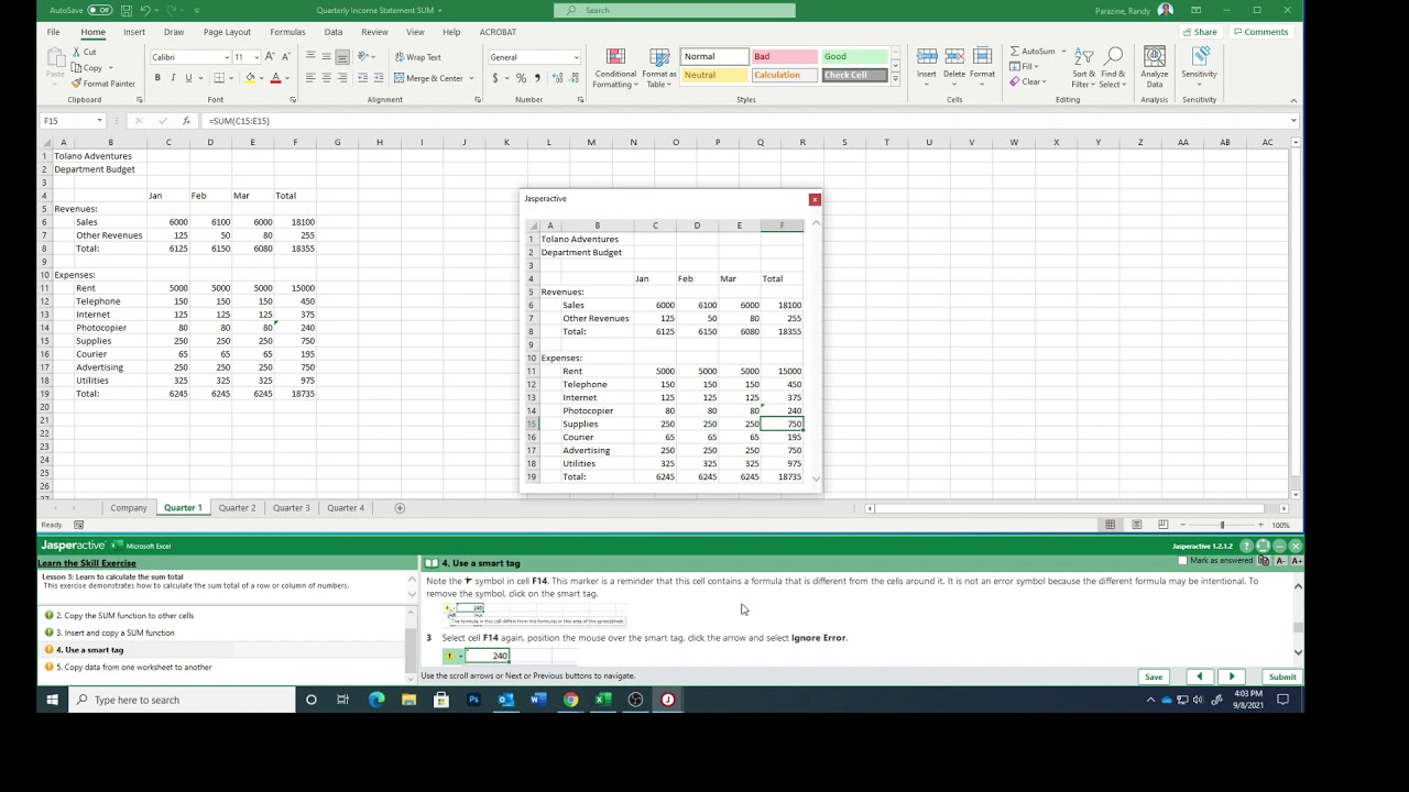 Excel Lesson 3c Using the SUM Function