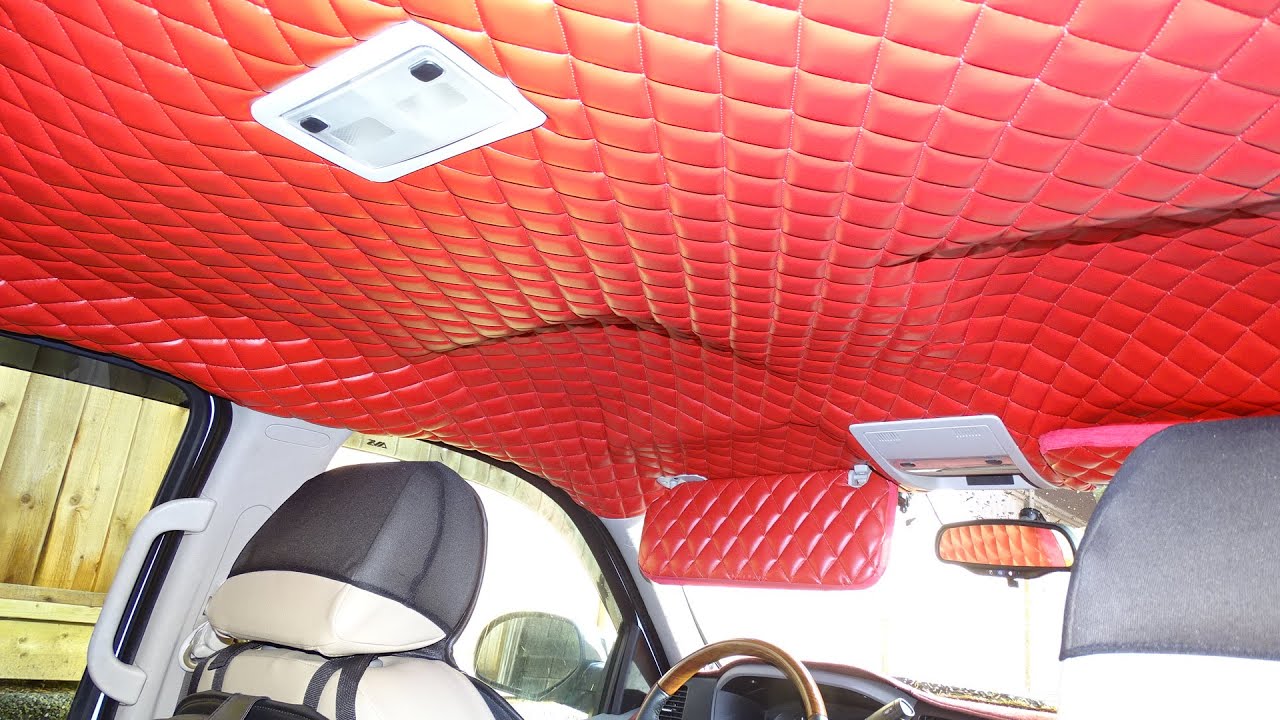 Red quilted vinyl leather headliner on GMC/Chevrolet truck