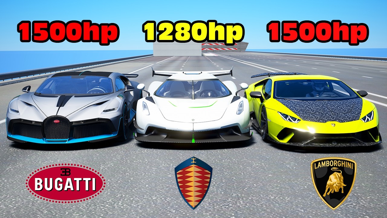 1500HP Bugatti Divo vs Koenigsegg Jesko vs Lamborghini Huracan DRAG RACE