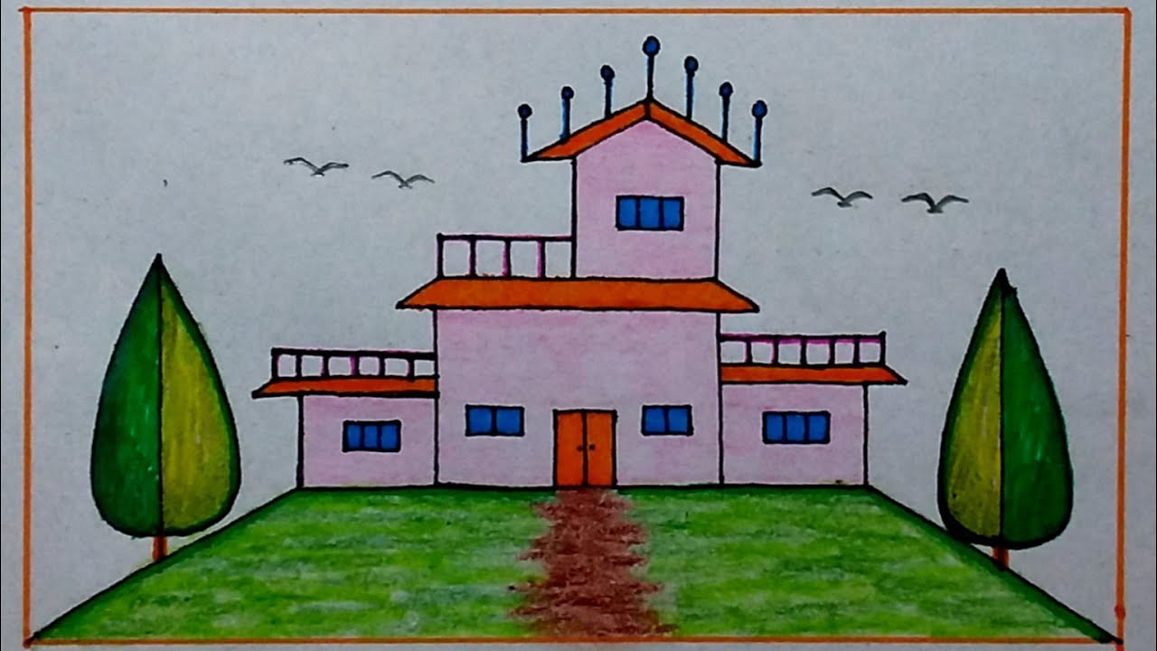 How To Draw a Beautiful Building Scenery😍 Building Drawing Easy For Kids😍 Easy Scenery Drawing