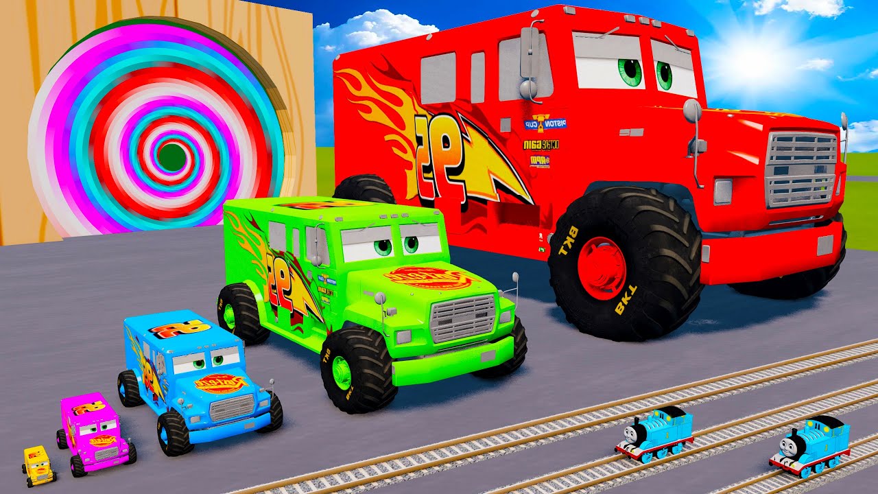 Big & Small Mcqueen Truck Bank VS Thomas Trains - Spinner Wheels vs Speedbumps - BeamNG.drive