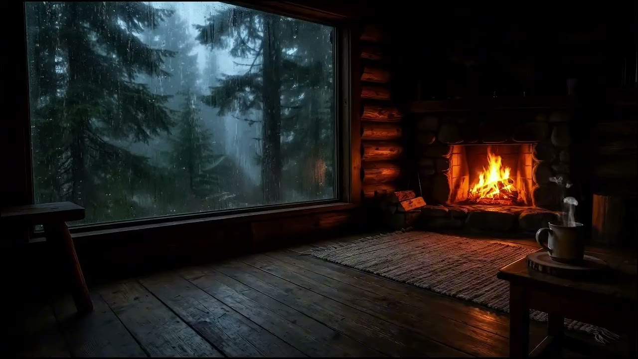 Rainy Night in a Cozy Wooden Cabin | Soothing Rain on Window & Fireplace for Deep Sleep