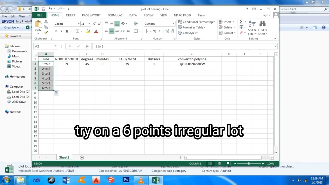 plot lot bearing in AutoCAD using setup in excel spreadsheet.
