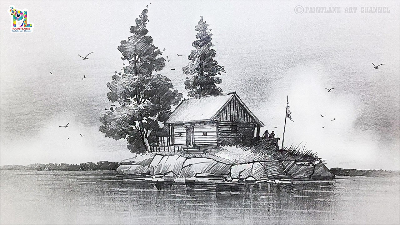 How to draw Peaceful Island House Pencil Drawing | Easy Landscape Sketch Tutorial for Beginners