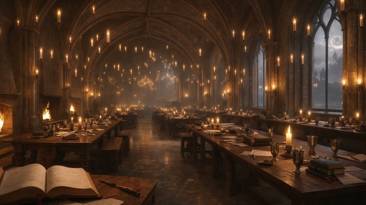 Hogwarts Study Hall | Fireplace & Snowfall Ambience | Harry Potter Dark Academia❄️🔥📚