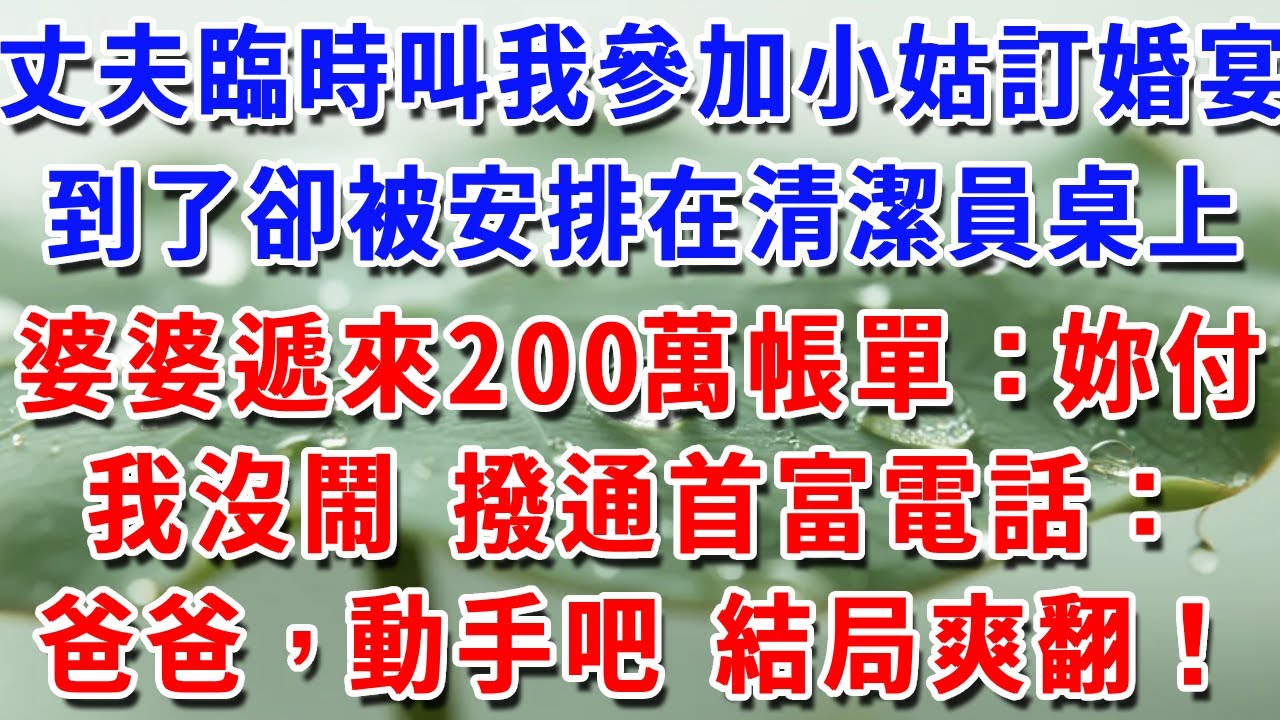 丈夫臨時叫我參加小姑訂婚宴，到了卻被安排在清潔員桌上，婆婆遞來200萬帳單：妳付！我沒鬧 撥通首富電話：爸爸，動手吧 結局爽翻！#一帆說故事 #為人處世 #生活經驗 #情感 #故事 #彩礼
