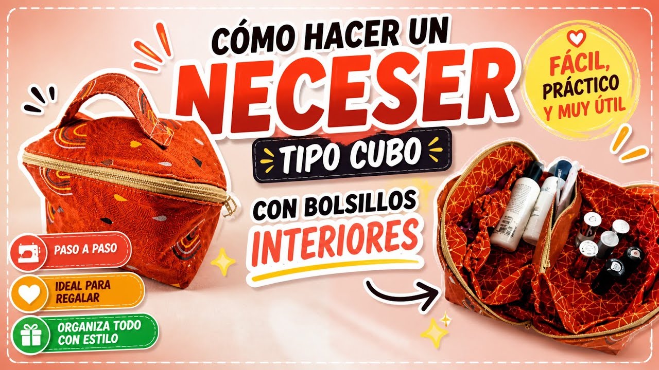 Cómo coser un neceser tipo cubo con bolsillos interiores