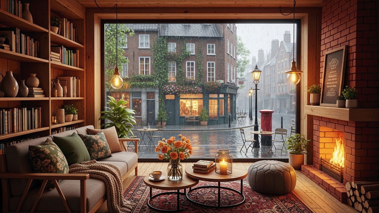 Rainy Day at the Cozy Cafe Window Soft Piano and Fireplace Ambience