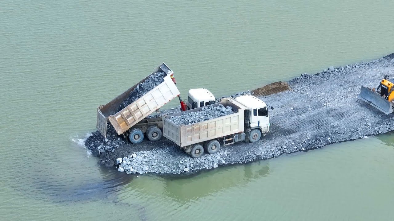 Project Delete Pond and Dozers SHANTUI Pushing Stone Soil Filling Up , SHACMAN Truck 25.5Ton