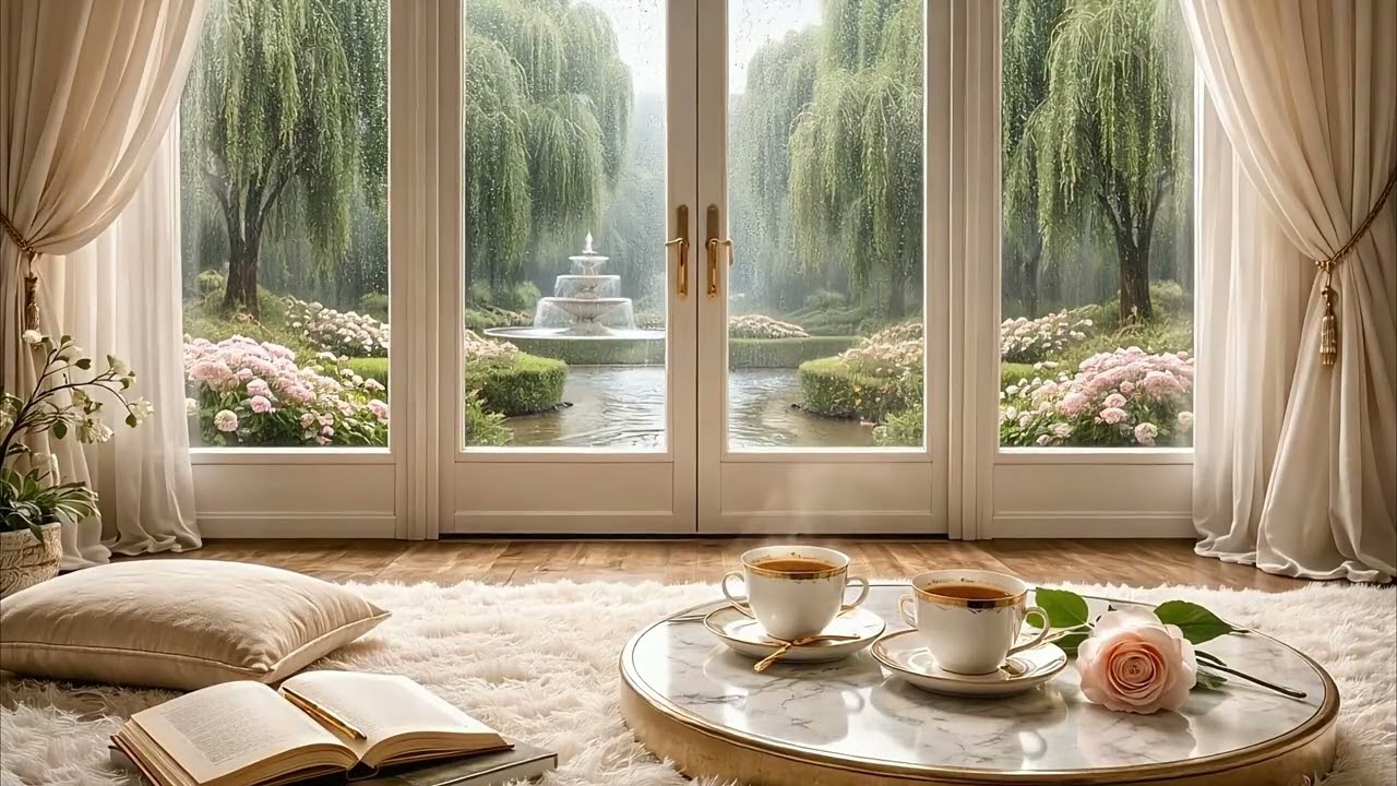 Spring Rain Window View – Cozy Tea & Rainy Garden Ambience | 2 Hours 4K | Amarno_AM | #02