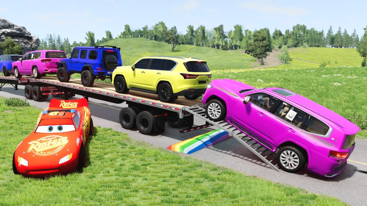 Flatbed Truck McQueen | Transportation with Truck - Speedbumps vs Cars vs Train - BeamNG.Drive #43