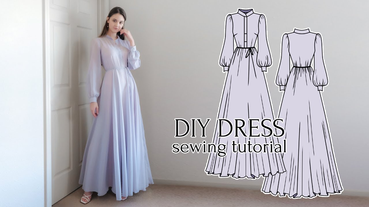 Платье макси в стиле Dior с воротником-стойкой и рукавами-бишопами + выкройка