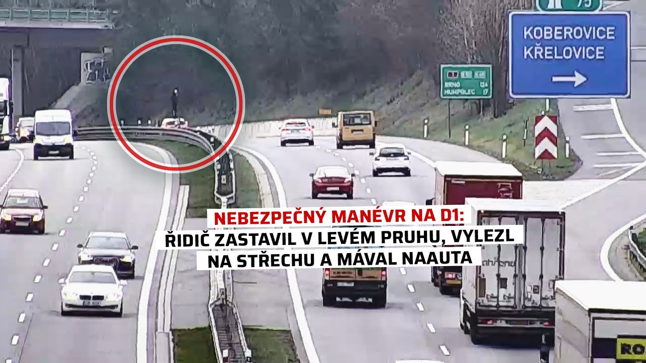 Nebezpečný manévr na D1: Řidič zastavil v levém pruhu, vylezl na střechu a mával na auta