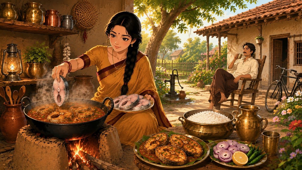 1990s Rainy Indian Village Life 🌧️ | Traditional Fish Curry & Family Time | Ghibli Style ASMR